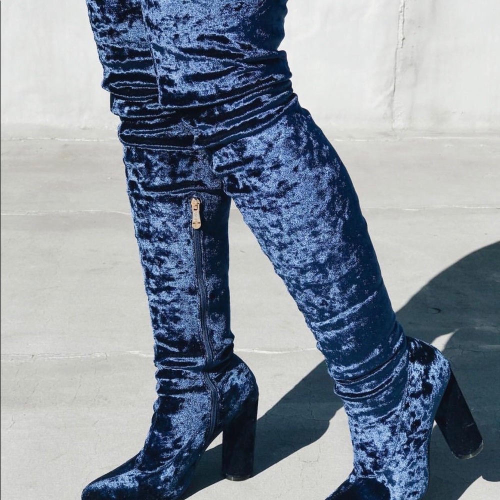 Blue crushed velvet over the knee boots